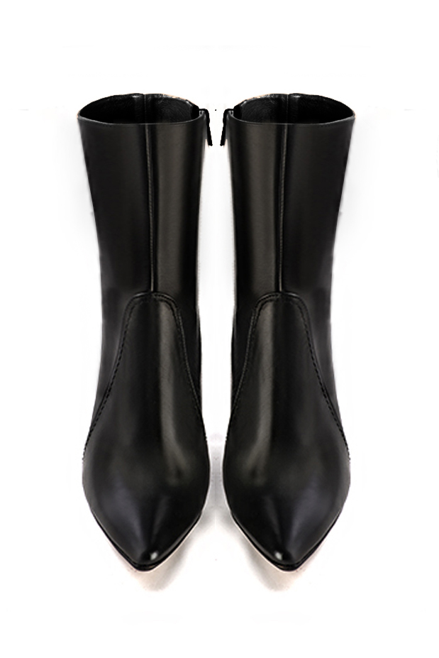 Satin black women's ankle boots with a zip on the inside. Tapered toe. Very high spool heels. Top view - Florence KOOIJMAN